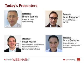 Today’s Presenters
Presenter
Yann Rapaport
Product Manager
6WIND
Moderator
Simon Stanley
Analyst at Large
Heavy Reading
Presenter
Mark Guinther
Senior Director of
Business Development
Netronome
Presenter
Peter Marek
Senior Director x86 Solutions
Advantech Network &
Communications Group
 