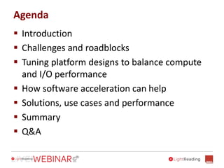 Agenda
 Introduction
 Challenges and roadblocks
 Tuning platform designs to balance compute
and I/O performance
 How software acceleration can help
 Solutions, use cases and performance
 Summary
 Q&A
 