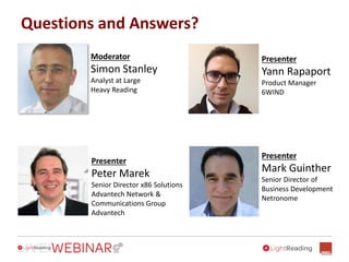 Questions and Answers?
Presenter
Yann Rapaport
Product Manager
6WIND
Moderator
Simon Stanley
Analyst at Large
Heavy Reading
Presenter
Mark Guinther
Senior Director of
Business Development
Netronome
Presenter
Peter Marek
Senior Director x86 Solutions
Advantech Network &
Communications Group
Advantech
 
