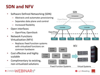 SDN and NFV
• Software Defined Networking (SDN)
– Abstracts and automates provisioning
– Separates data plane and control
– Increased flexibility
• Open interfaces
– OpenFlow, OpenStack
• Network Functions
Virtualization (NFV)
– Replaces fixed function systems
with virtualized functions on
common hardware
• Cost effective and highly
scalable
• Complimentary to existing,
non-virtualized solutions
SGSN/
GGSN
MME
S-GW/
P-GW
SBC RNC
PCEF
HLR/
HSS
NFV
Fixed Function Systems Virtual Systems
Orchestrator
OpenStack
OpenFlow
SDN
Controller
Server FirewallSwitch
Controller
Switch NICServer
 