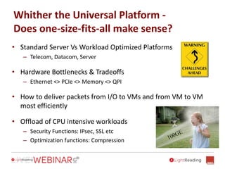 Whither the Universal Platform -
Does one-size-fits-all make sense?
• Standard Server Vs Workload Optimized Platforms
– Telecom, Datacom, Server
• Hardware Bottlenecks & Tradeoffs
– Ethernet <> PCIe <> Memory <> QPI
• How to deliver packets from I/O to VMs and from VM to VM
most efficiently
• Offload of CPU intensive workloads
– Security Functions: IPsec, SSL etc
– Optimization functions: Compression
 