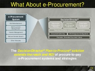 What About e-Procurement?
The DecisionDirector® Plan-to-Procure® solution
extends the reach and ROI of procure-to-pay
e-Pr...