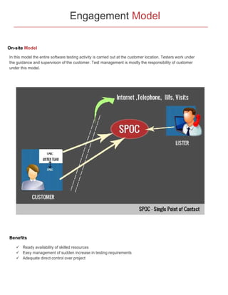 Engagement Model
On-site Model
In this model the entire software testing activity is carried out at the customer location. Testers work under
the guidance and supervision of the customer. Test management is mostly the responsibility of customer
under this model.

Benefits
 Ready availability of skilled resources
 Easy management of sudden increase in testing requirements
 Adequate direct control over project

 