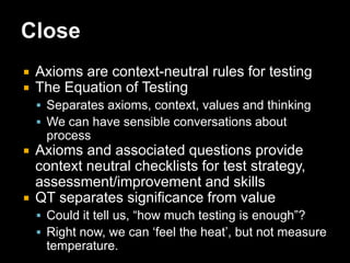 How testing builds confidenceAs tests are run, every individual test has some significanceSome tests expose failures but ultimately we want all tests to PASSWhen all tests pass – the stakeholders are happy, aren’t they?Can we measure confidence by counting tests?Not really...