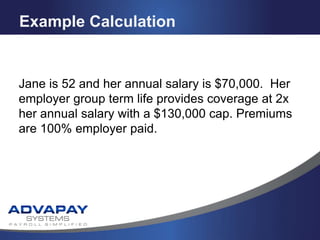 Example Calculation
Jane is 52 and her annual salary is $70,000. Her
employer group term life provides coverage at 2x
her annual salary with a $130,000 cap. Premiums
are 100% employer paid.