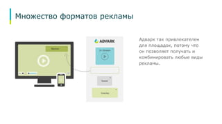 Множество форматов рекламы 
Адварк так привлекателен 
для площадок, потому что 
он позволяет получать и 
комбинировать любые виды 
рекламы. 
 