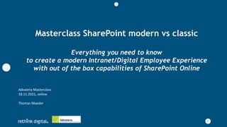 1
Masterclass SharePoint modern vs classic
Everything you need to know
to create a modern Intranet/Digital Employee Experience
with out of the box capabilities of SharePoint Online
Advatera Masterclass
18.11.2021, online
Thomas Maeder
 