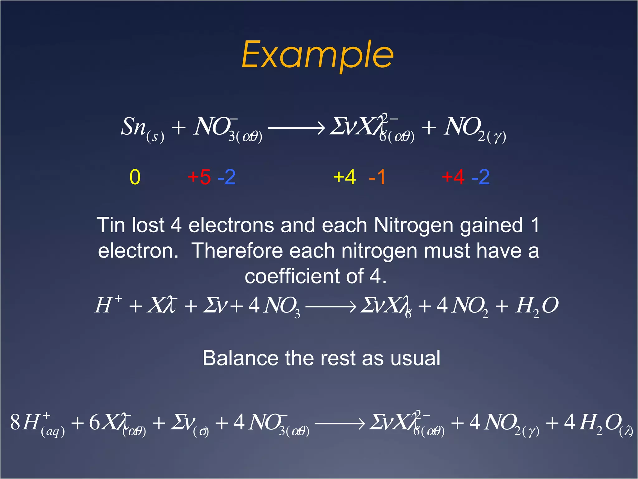 Example
Sn(s) + ΝΟ3(αθ)
−
 → ΣνΧλ6(αθ)
2−
+ ΝΟ2(γ )
0 +5 -2 +4 -1 +4 -2
Tin lost 4 electrons and each Nitrogen gained 1
electron. Therefore each nitrogen must have a
coefficient of 4.
H +
+ Χλ−
+ Σν + 4ΝΟ3  → ΣνΧλ6 + 4ΝΟ2 + Η2Ο
Balance the rest as usual
8H(aq)
+
+ 6Χλ(αθ)
−
+ Σν(σ) + 4ΝΟ3(αθ)
−
 → ΣνΧλ6(αθ)
2−
+ 4ΝΟ2(γ ) + 4Η2Ο(λ)
 