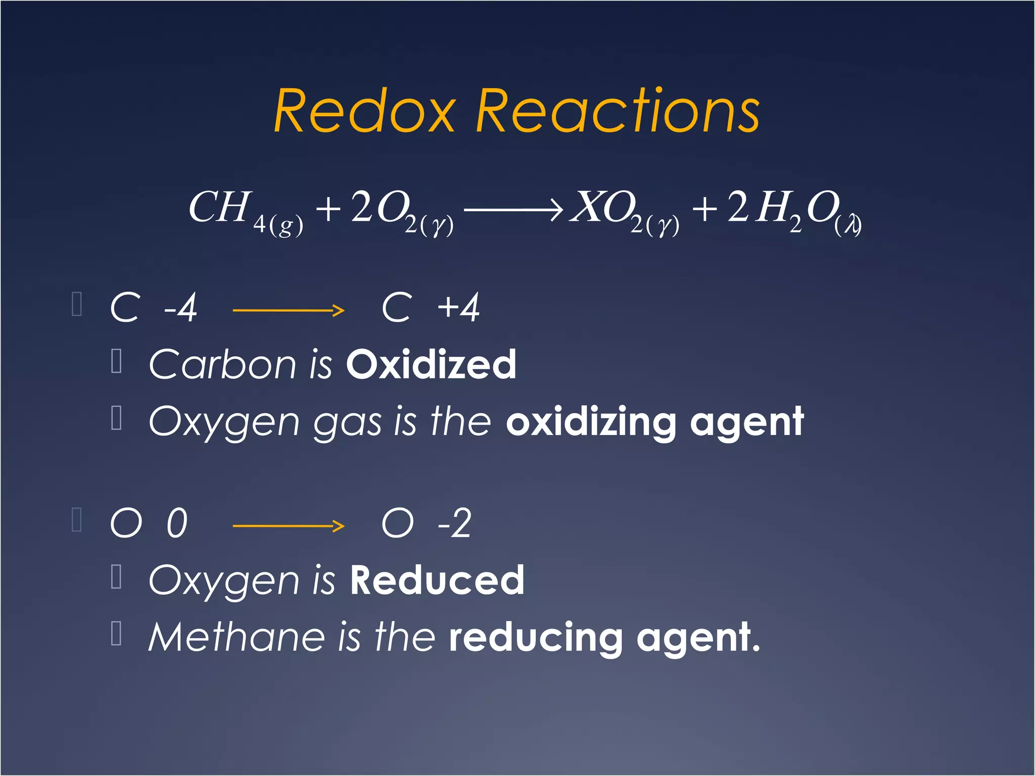 Redox Reactions
 C -4 C +4
 Carbon is Oxidized
 Oxygen gas is the oxidizing agent
CH4(g) + 2Ο2(γ )  → ΧΟ2(γ ) + 2Η2Ο(λ)
 O 0 O -2
 Oxygen is Reduced
 Methane is the reducing agent.
 