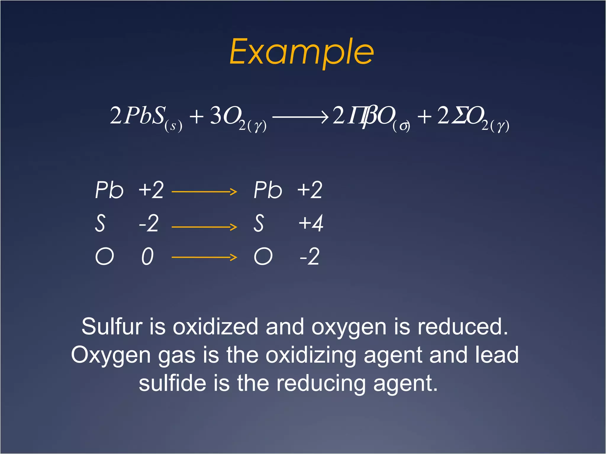 Example
Pb +2 Pb +2
S -2 S +4
O 0 O -2
2PbS(s) + 3Ο2(γ )  → 2ΠβΟ(σ) + 2ΣΟ2(γ )
Sulfur is oxidized and oxygen is reduced.
Oxygen gas is the oxidizing agent and lead
sulfide is the reducing agent.
 