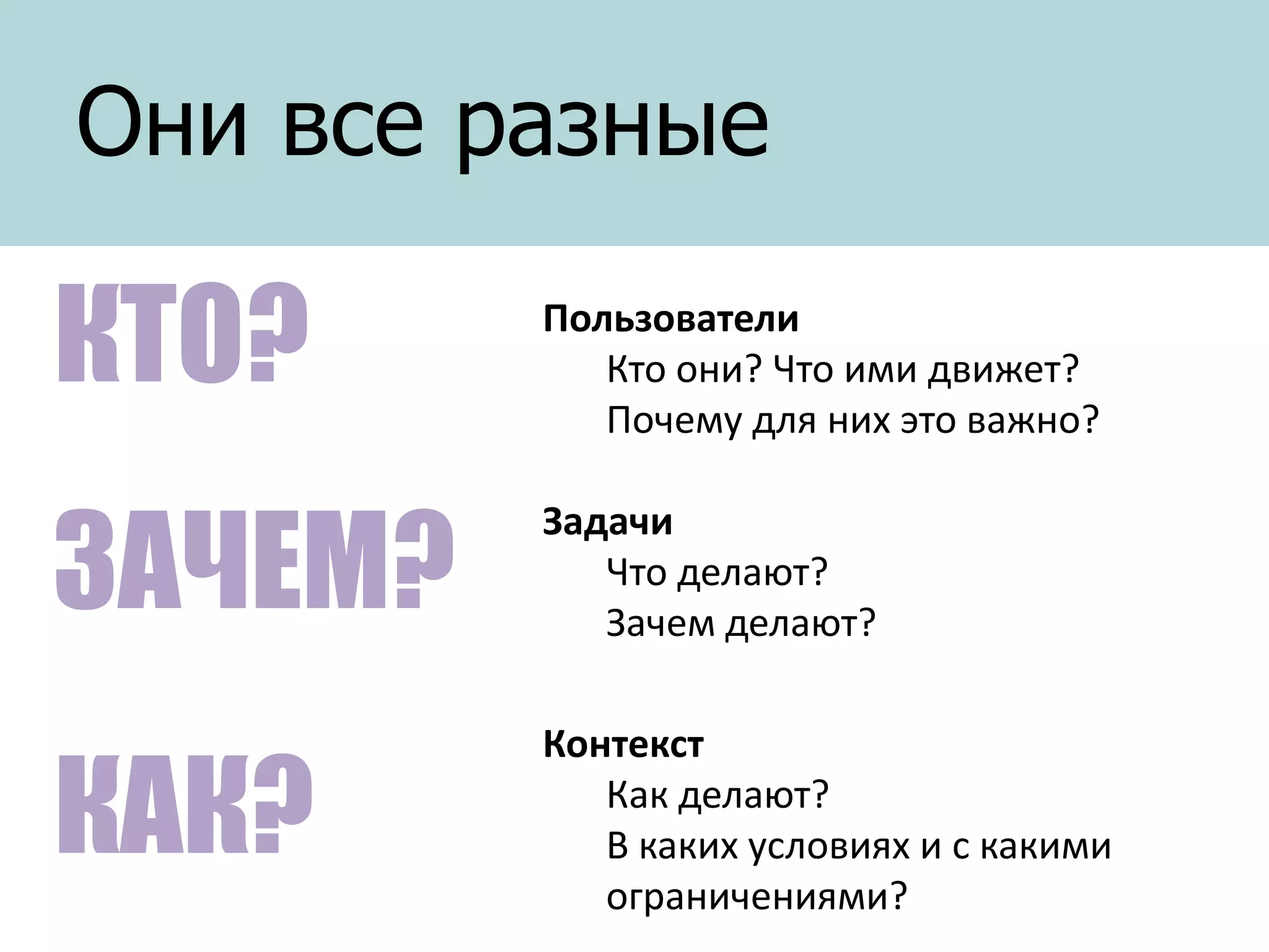 Они все разные

КТО?

Пользователи
Кто они? Что ими движет?
Почему для них это важно?

ЗАЧЕМ?

Задачи
Что делают?
Зачем делают?

КАК?

Контекст
Как делают?
В каких условиях и с какими
ограничениями?

 