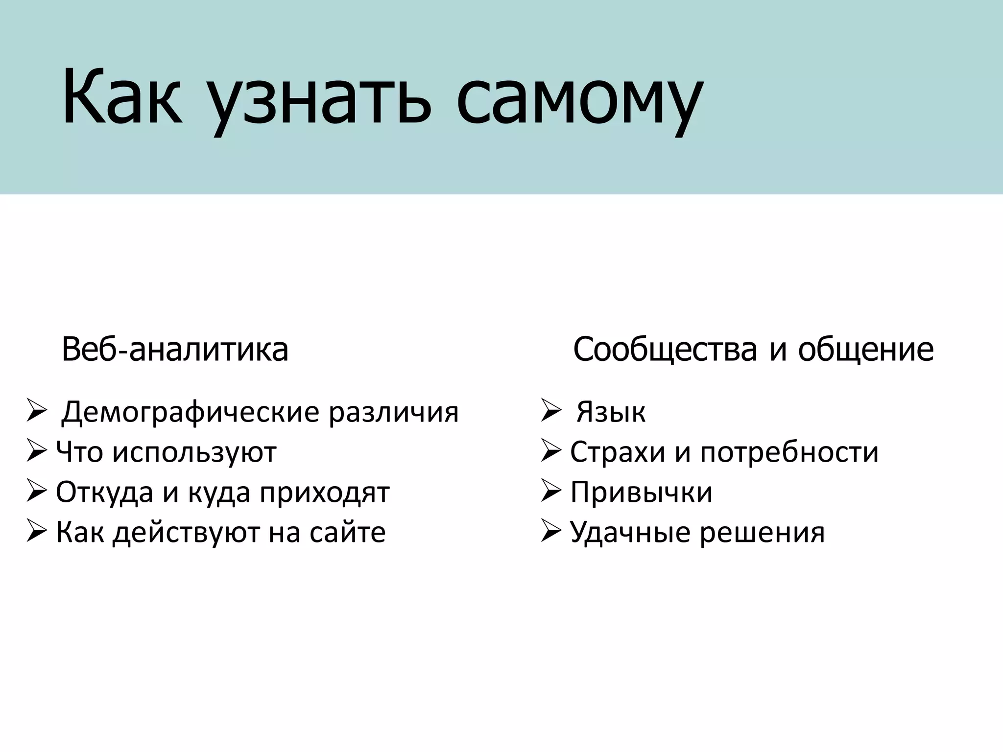Как узнать самому
Веб-аналитика
 Демографические различия
 Что используют
 Откуда и куда приходят
 Как действуют на сайте

Сообщества и общение
 Язык
 Страхи и потребности
 Привычки
 Удачные решения

 
