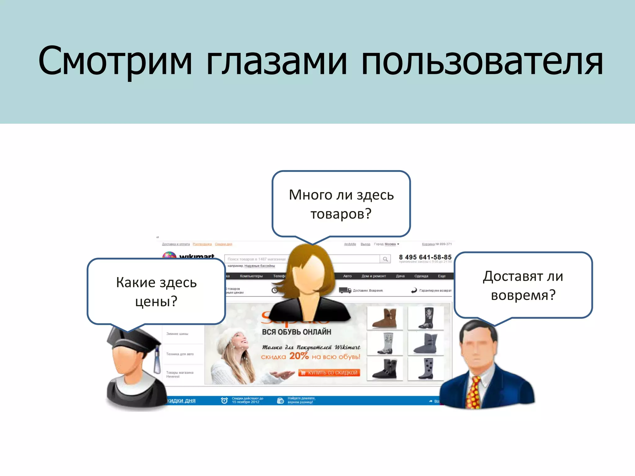 Смотрим глазами пользователя

Много ли здесь
товаров?

Какие здесь
цены?

Доставят ли
вовремя?

 