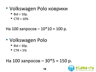 • Volkswagen Polo коврики
 Bid = 10р.
 СTR = 10%

На 100 запросов – 10*10 = 100 р.

• Volkswagen Polo
 Bid = 30р.
 СTR = 5%

На 100 запросов – 30*5 = 150 р.
18

 