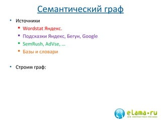 Семантический граф
• Источники
 Wordstat Яндекс.
 Подсказки Яндекс, Бегун, Google
 SemRush, AdVse, …
 Базы и словари
• Строим граф:

 