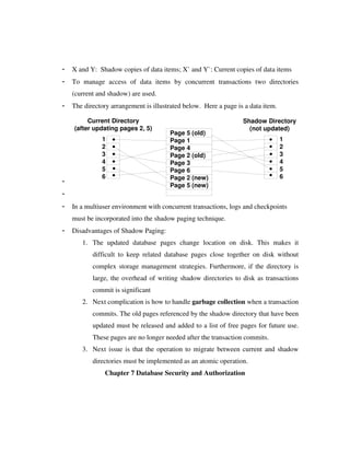 - X and Y: Shadow copies of data items; X` and Y`: Current copies of data items
- To manage access of data items by concurrent transactions two directories
(current and shadow) are used.
- The directory arrangement is illustrated below. Here a page is a data item.
-
-
- In a multiuser environment with concurrent transactions, logs and checkpoints
must be incorporated into the shadow paging technique.
- Disadvantages of Shadow Paging:
1. The updated database pages change location on disk. This makes it
difficult to keep related database pages close together on disk without
complex storage management strategies. Furthermore, if the directory is
large, the overhead of writing shadow directories to disk as transactions
commit is significant
2. Next complication is how to handle garbage collection when a transaction
commits. The old pages referenced by the shadow directory that have been
updated must be released and added to a list of free pages for future use.
These pages are no longer needed after the transaction commits.
3. Next issue is that the operation to migrate between current and shadow
directories must be implemented as an atomic operation.
Chapter 7 Database Security and Authorization
Page 5 (old)
Page 1
Page 4
Page 2 (old)
Page 3
Page 6
Page 2 (new)
Page 5 (new)
1
2
3
4
5
6
Current Directory
(after updating pages 2, 5)
Shadow Directory
(not updated)
1
2
3
4
5
6
 