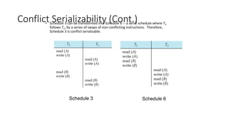 Conflict Serializability (Cont.)
• Schedule 3 can be transformed into Schedule 6 -- a serial schedule where T2
follows T1, by a series of swaps of non-conflicting instructions. Therefore,
Schedule 3 is conflict serializable.
Schedule 3 Schedule 6
 