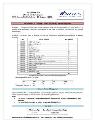 RITES LIMITED
(A Govt. of India Enterprise)
RITES Bhawan, Plot No. 1, Sector – 29, Gurgaon – 122001
Recruitment of Engineers (Civil) on contract basis in pay-scale
RITES Ltd., a Mini Ratna Central Public Sector Enterprise under the Ministry of Railways, Govt. of India, is a
premier multi-disciplinary consultancy organization in the fields of transport, infrastructure and related
technologies.
RITES Ltd. is in urgent need of dynamic, sincere and hard working qualified professionals for its various
projects:
S. No. Title of Position No. of Posts
105/15 ARE (Track Design) 1
106/15 Alignment Engineer 1
107/15 RE Civil 2
108/15 Quality Expert 2
109/15 Contract Manager 1
110/15 ARE Earth Works 10
111/15 ARE Bridge 11
112/15 ARE Bridge Casting Yard 4
113/15 ARE PSC Sleeper Plant 5
114/15 ARE Track and Ballast 8
115/15 ARE Track (New Track Construction Depot) 3
116/15 ARE Track (Welding Depot) 3
117/15 ARE Building 2
118/15 ARE Geotech 1
119/15 ARE Survey 1
120/15 ARE Safety (Civil) 1
Total 56
(RE = Resident Engineer; ARE = Assistant Resident Engineer)
Category wise bifurcation is as under:
UR OBC SC ST Total
29 15 8 4 56*
* 1vacancy is reserved for PWD.
Nature & Period of Engagement
The appointment shall be purely on contract basis initially for a period of one year, extendable until completion
of the assignment subject to mutual consent and satisfactory performance.
Note:
i. The posting of candidates can be anywhere within the jurisdiction of WDFC (Dadri-Rewari to JNPT
Mumbai)
ii. The actual deployment will be subject to approval of CV by DFCCIL
Age Limit
Maximum Age Cut-off date for calculation of age
55 years 01.12.2015
Age limit can be relaxed by a maximum of 3 years in deserving cases and having sound health.
 