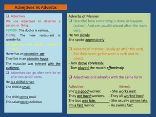 Advejtives Vs Adverbs
 Adjectives
We use adjectives to describe a
person or thing.
PERSON: The doctor is serious.
THING: The new restaurant is
wonderful.
 Adjectives are placed before a
noun:
Harry has an expensive car
They live in an adorable house
The musucian was tolerant with the
audience.
 Adjectives can go after verb be or
after non action verbs.
He is a skillful driver.
The child is small.
The child seems small.
This salad tastes delicious
Adverbs of Manner
 Describe how something is done or happen.
(action). And are usually placed after the main
verb.
He ran slowly
She spoke aggressively
 Adverbs of manner usually go after the verb.
But they never go between a verb and its
object.
- Jack drove carelessly.
- Tom played the match effortlessly.
 Adjectives and adverbs with the same form
Adjective Adverb
She's a good worker. - She works well.
They are hard workers. -They all worked hard.
The bus was late. - She usually arrives late.
I’m a fast runner. - He swims fast.
 