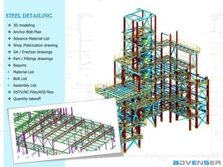STE E L DE TAILING
 3D modeling
 Anchor Bolt Plan
 Advance Material List
 Shop /Fabrication drawing
 GA / Erection drawings

 Part / Fittings drawings
 Reports
•

Material List

•

Bolt List

•

Assembly List

 DSTV/NC Files/KSS files
 Quantity takeoff

 