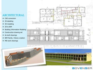 ARCHITECTURAL
 CAD conversion
 2D detailing

 3D modeling
 2D to BIM
 Building Information Modeling
 Construction drawing set
 As built drawings
 BIM Family / library creation
 Mill work drawings

 