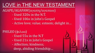 AGAPE/AGAPAW(agaph/agapaw)
- Used 320x in the N.T.
- Used 106x in John’s Gospel
- Active love; value; esteem; delight in…
PHILEO (filew)
- Used 55x in the N.T
- Used 21x in John’s Gospel
- Affection; kindness;
deep, abiding friendship…
LOVE in THE NEW TESTAMENT
 