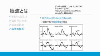脳波とは



 脳波の解析
 ERP (Event Related Potential)
加算平均で電位情報を抽出
ざっくりと説明しています。詳しく知
りたい方は↓から
https://www.slideshare.net/ShuSa
kamoto/b1-125354010
 