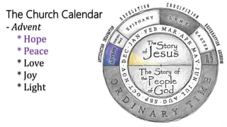 The Church Calendar
- Advent
* Hope
* Peace
* Love
* Joy
* Light
 