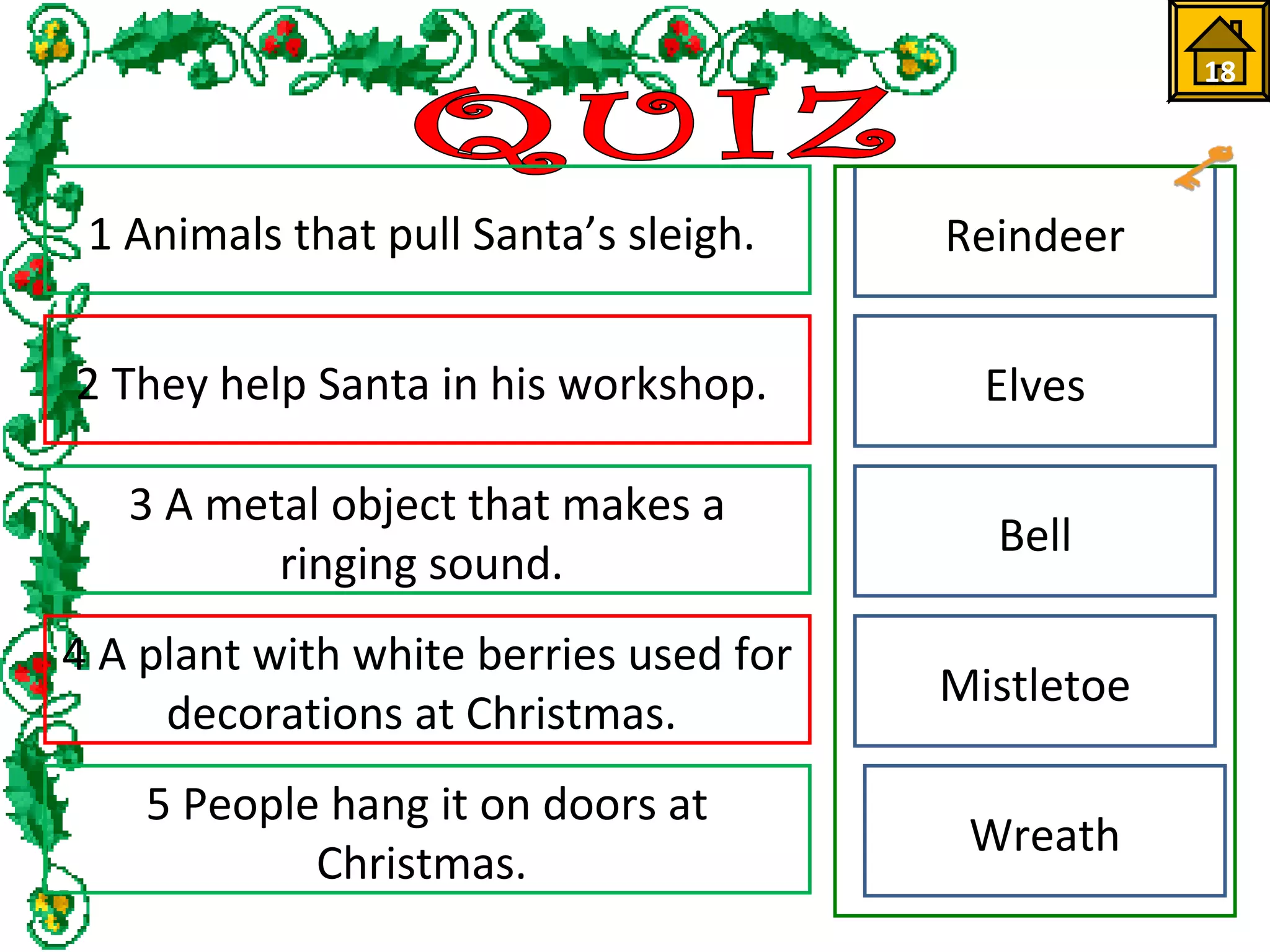 18 
1 Animals that pull Santa’s sleigh. Reindeer 
2 They help Santa in his workshop. Elves 
3 A metal object that makes a 
ringing sound. Bell 
4 A plant with white berries used for 
decorations at Christmas. 
5 People hang it on doors at 
Christmas. 
Mistletoe 
Wreath 
 