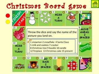 19 
Throw the dice and say the name of the 
picture you land on. 
1 snowman 2 snowflake 4 Santa Claus 
5 milk and cookies 7 cracker 
8 Christmas tree 9 bauble 10 candle 
12 fireplace 13 Christmas cake 15 present 
 