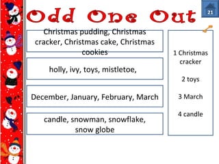 21 
Christmas pudding, Christmas 
cracker, Christmas cake, Christmas 
cookies 
holly, ivy, toys, mistletoe, 
December, January, February, March 
candle, snowman, snowflake, 
snow globe 
1 Christmas 
cracker 
2 toys 
3 March 
4 candle 
 