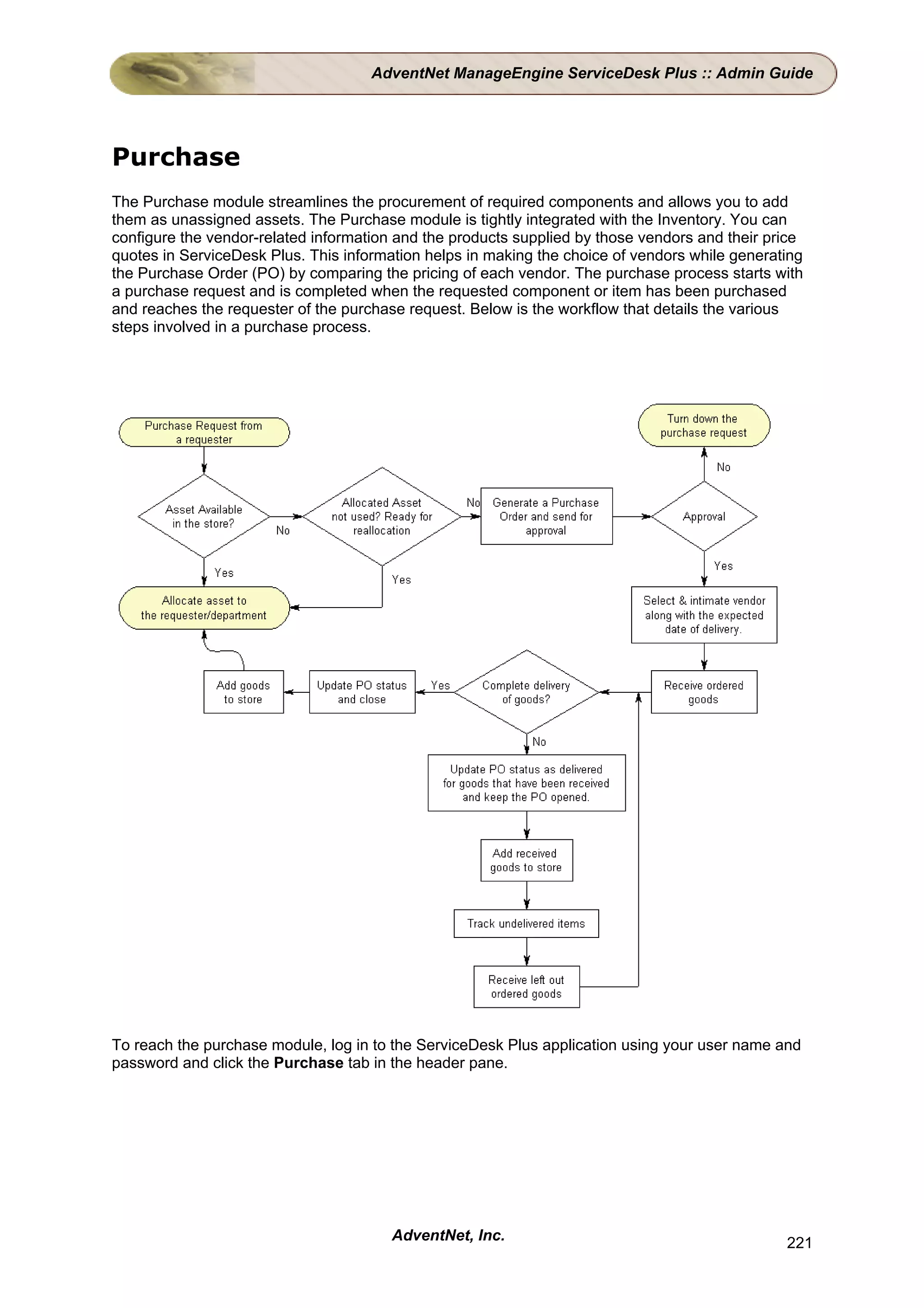 AdventNet ManageEngine ServiceDesk Plus :: Admin Guide




Purchase
The Purchase module streamlines the procurement of required components and allows you to add
them as unassigned assets. The Purchase module is tightly integrated with the Inventory. You can
configure the vendor-related information and the products supplied by those vendors and their price
quotes in ServiceDesk Plus. This information helps in making the choice of vendors while generating
the Purchase Order (PO) by comparing the pricing of each vendor. The purchase process starts with
a purchase request and is completed when the requested component or item has been purchased
and reaches the requester of the purchase request. Below is the workflow that details the various
steps involved in a purchase process.




To reach the purchase module, log in to the ServiceDesk Plus application using your user name and
password and click the Purchase tab in the header pane.




                                        AdventNet, Inc.                                         221
 