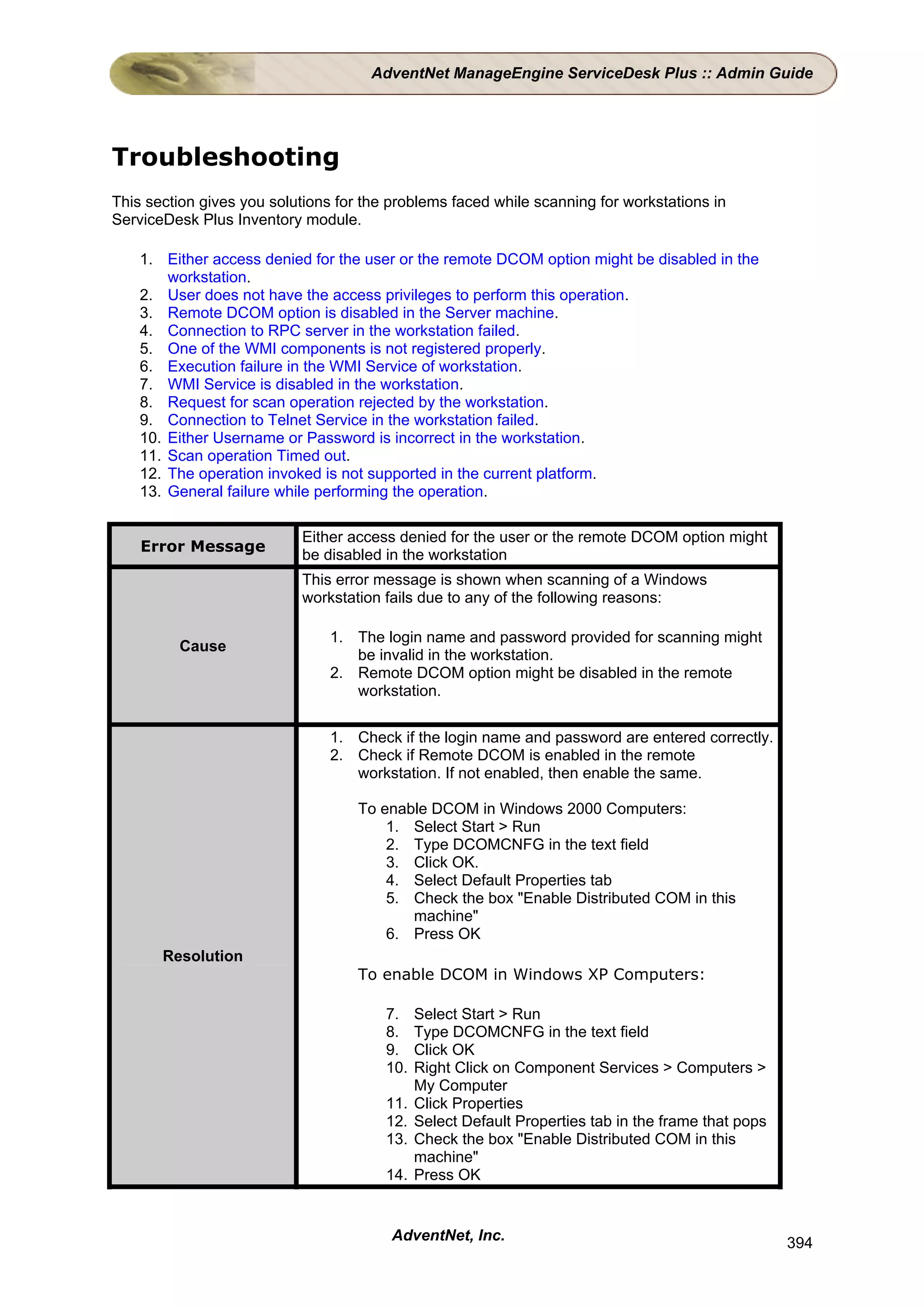 AdventNet ManageEngine ServiceDesk Plus :: Admin Guide




Troubleshooting
This section gives you solutions for the problems faced while scanning for workstations in
ServiceDesk Plus Inventory module.

    1. Either access denied for the user or the remote DCOM option might be disabled in the
        workstation.
    2. User does not have the access privileges to perform this operation.
    3. Remote DCOM option is disabled in the Server machine.
    4. Connection to RPC server in the workstation failed.
    5. One of the WMI components is not registered properly.
    6. Execution failure in the WMI Service of workstation.
    7. WMI Service is disabled in the workstation.
    8. Request for scan operation rejected by the workstation.
    9. Connection to Telnet Service in the workstation failed.
    10. Either Username or Password is incorrect in the workstation.
    11. Scan operation Timed out.
    12. The operation invoked is not supported in the current platform.
    13. General failure while performing the operation.

                           Either access denied for the user or the remote DCOM option might
    Error Message
                           be disabled in the workstation
                           This error message is shown when scanning of a Windows
                           workstation fails due to any of the following reasons:

                               1. The login name and password provided for scanning might
         Cause
                                  be invalid in the workstation.
                               2. Remote DCOM option might be disabled in the remote
                                  workstation.

                               1. Check if the login name and password are entered correctly.
                               2. Check if Remote DCOM is enabled in the remote
                                  workstation. If not enabled, then enable the same.

                                    To enable DCOM in Windows 2000 Computers:
                                        1. Select Start > Run
                                        2. Type DCOMCNFG in the text field
                                        3. Click OK.
                                        4. Select Default Properties tab
                                        5. Check the box "Enable Distributed COM in this
                                           machine"
                                        6. Press OK
       Resolution
                                    To enable DCOM in Windows XP Computers:

                                        7.    Select Start > Run
                                        8.    Type DCOMCNFG in the text field
                                        9.    Click OK
                                        10.   Right Click on Component Services > Computers >
                                              My Computer
                                        11.   Click Properties
                                        12.   Select Default Properties tab in the frame that pops
                                        13.   Check the box "Enable Distributed COM in this
                                              machine"
                                        14.   Press OK


                                         AdventNet, Inc.                                             394
 