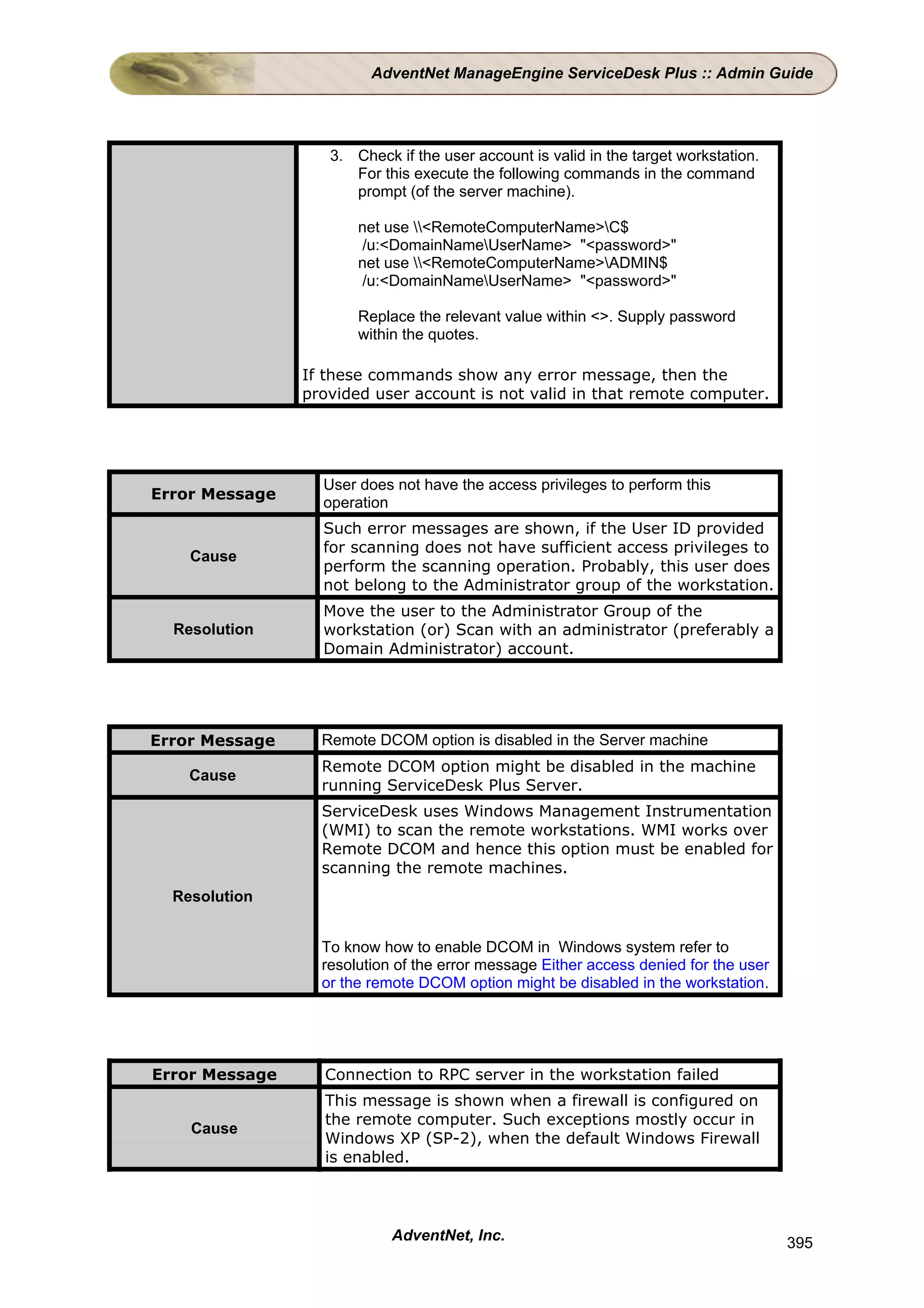 AdventNet ManageEngine ServiceDesk Plus :: Admin Guide




                   3. Check if the user account is valid in the target workstation.
                      For this execute the following commands in the command
                      prompt (of the server machine).

                       net use <RemoteComputerName>C$
                       /u:<DomainNameUserName> "<password>"
                       net use <RemoteComputerName>ADMIN$
                       /u:<DomainNameUserName> "<password>"

                       Replace the relevant value within <>. Supply password
                       within the quotes.

                If these commands show any error message, then the
                provided user account is not valid in that remote computer.




                  User does not have the access privileges to perform this
Error Message
                  operation
                  Such error messages are shown, if the User ID provided
                  for scanning does not have sufficient access privileges to
    Cause
                  perform the scanning operation. Probably, this user does
                  not belong to the Administrator group of the workstation.
                  Move the user to the Administrator Group of the
  Resolution      workstation (or) Scan with an administrator (preferably a
                  Domain Administrator) account.




Error Message     Remote DCOM option is disabled in the Server machine
                  Remote DCOM option might be disabled in the machine
    Cause
                  running ServiceDesk Plus Server.
                  ServiceDesk uses Windows Management Instrumentation
                  (WMI) to scan the remote workstations. WMI works over
                  Remote DCOM and hence this option must be enabled for
                  scanning the remote machines.
  Resolution


                  To know how to enable DCOM in Windows system refer to
                  resolution of the error message Either access denied for the user
                  or the remote DCOM option might be disabled in the workstation.




Error Message     Connection to RPC server in the workstation failed
                  This message is shown when a firewall is configured on
                  the remote computer. Such exceptions mostly occur in
    Cause
                  Windows XP (SP-2), when the default Windows Firewall
                  is enabled.




                            AdventNet, Inc.                                           395
 