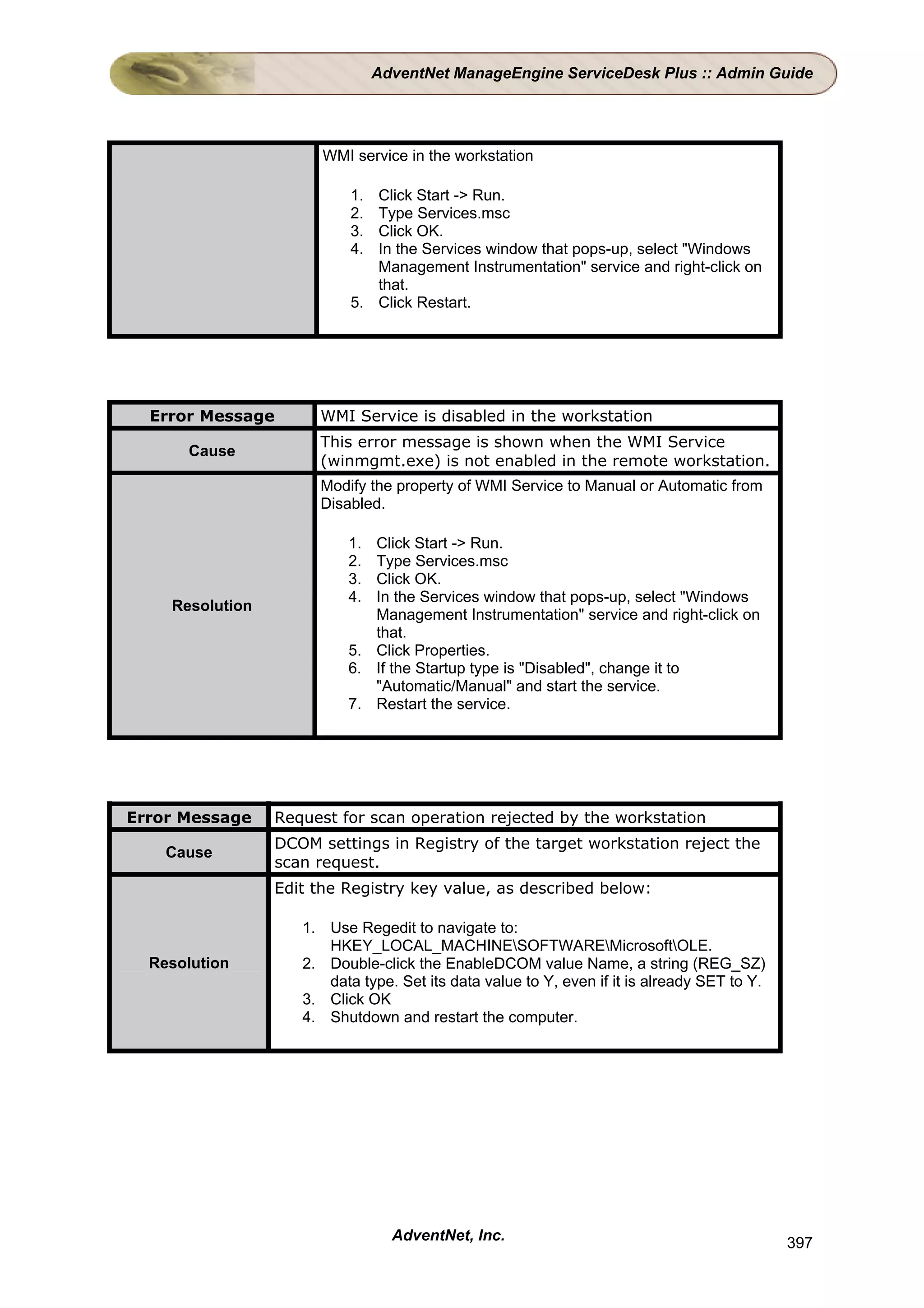 AdventNet ManageEngine ServiceDesk Plus :: Admin Guide




                       WMI service in the workstation

                           1. Click Start -> Run.
                           2. Type Services.msc
                           3. Click OK.
                           4. In the Services window that pops-up, select "Windows
                              Management Instrumentation" service and right-click on
                              that.
                           5. Click Restart.




  Error Message       WMI Service is disabled in the workstation
                      This error message is shown when the WMI Service
      Cause
                      (winmgmt.exe) is not enabled in the remote workstation.
                      Modify the property of WMI Service to Manual or Automatic from
                      Disabled.

                          1. Click Start -> Run.
                          2. Type Services.msc
                          3. Click OK.
                          4. In the Services window that pops-up, select "Windows
    Resolution
                             Management Instrumentation" service and right-click on
                             that.
                          5. Click Properties.
                          6. If the Startup type is "Disabled", change it to
                             "Automatic/Manual" and start the service.
                          7. Restart the service.




Error Message    Request for scan operation rejected by the workstation
                 DCOM settings in Registry of the target workstation reject the
    Cause
                 scan request.
                 Edit the Registry key value, as described below:

                    1. Use Regedit to navigate to:
                       HKEY_LOCAL_MACHINESOFTWAREMicrosoftOLE.
  Resolution        2. Double-click the EnableDCOM value Name, a string (REG_SZ)
                       data type. Set its data value to Y, even if it is already SET to Y.
                    3. Click OK
                    4. Shutdown and restart the computer.




                                  AdventNet, Inc.                                            397
 