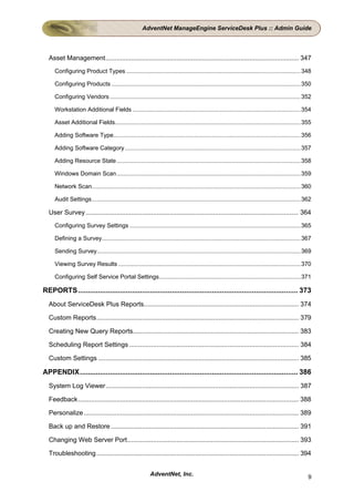 AdventNet ManageEngine ServiceDesk Plus :: Admin Guide




  Asset Management.......................................................................................................... 347
     Configuring Product Types .......................................................................................................... 348

     Configuring Products ................................................................................................................... 350

     Configuring Vendors .................................................................................................................... 352

     Workstation Additional Fields ...................................................................................................... 354

     Asset Additional Fields................................................................................................................. 355

     Adding Software Type.................................................................................................................. 356

     Adding Software Category........................................................................................................... 357

     Adding Resource State ................................................................................................................ 358

     Windows Domain Scan................................................................................................................ 359

     Network Scan............................................................................................................................... 360

     Audit Settings............................................................................................................................... 362

  User Survey ..................................................................................................................... 364
     Configuring Survey Settings ........................................................................................................ 365

     Defining a Survey......................................................................................................................... 367

     Sending Survey............................................................................................................................ 369

     Viewing Survey Results ............................................................................................................... 370

     Configuring Self Service Portal Settings...................................................................................... 371

REPORTS.............................................................................................................. 373
  About ServiceDesk Plus Reports..................................................................................... 374

  Custom Reports............................................................................................................... 379

  Creating New Query Reports........................................................................................... 383

  Scheduling Report Settings ............................................................................................. 384

  Custom Settings .............................................................................................................. 385

APPENDIX............................................................................................................. 386
  System Log Viewer.......................................................................................................... 387

  Feedback ......................................................................................................................... 388

  Personalize ...................................................................................................................... 389

  Back up and Restore ....................................................................................................... 391

  Changing Web Server Port.............................................................................................. 393

  Troubleshooting ............................................................................................................... 394


                                                          AdventNet, Inc.                                                                           9
 