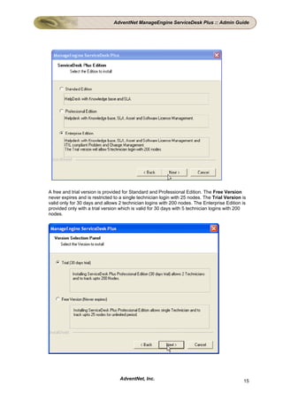 AdventNet ManageEngine ServiceDesk Plus :: Admin Guide




A free and trial version is provided for Standard and Professional Edition. The Free Version
never expires and is restricted to a single technician login with 25 nodes. The Trial Version is
valid only for 30 days and allows 2 technician logins with 200 nodes. The Enterprise Edition is
provided only with a trial version which is valid for 30 days with 5 technician logins with 200
nodes.




                                  AdventNet, Inc.                                             15
 