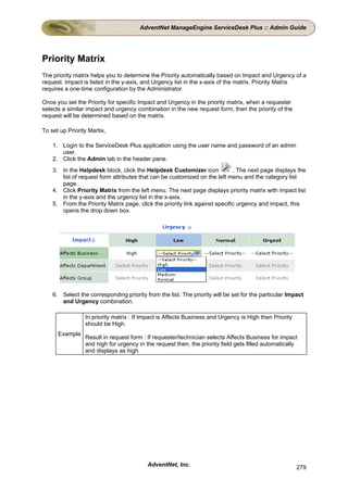 AdventNet ManageEngine ServiceDesk Plus :: Admin Guide




Priority Matrix
The priority matrix helps you to determine the Priority automatically based on Impact and Urgency of a
request. Impact is listed in the y-axis, and Urgency list in the x-axis of the matrix. Priority Matrix
requires a one-time configuration by the Administrator.

Once you set the Priority for specific Impact and Urgency in the priority matrix, when a requester
selects a similar impact and urgency combination in the new request form, then the priority of the
request will be determined based on the matrix.

To set up Priority Martix,

    1. Login to the ServiceDesk Plus application using the user name and password of an admin
       user.
    2. Click the Admin tab in the header pane.
    3. In the Helpdesk block, click the Helpdesk Customizer icon             . The next page displays the
       list of request form attributes that can be customized on the left menu and the category list
       page.
    4. Click Priority Matrix from the left menu. The next page displays priority matrix with impact list
       in the y-axis and the urgency list in the x-axis.
    5. From the Priority Matrix page, click the priority link against specific urgency and impact, this
       opens the drop down box.




    6. Select the corresponding priority from the list. The priority will be set for the particular Impact
       and Urgency combination.

                 In priority matrix : If Impact is Affects Business and Urgency is High then Priority
                 should be High.
      Example
                 Result in request form : If requester/technician selects Affects Business for impact
                 and high for urgency in the request then, the priority field gets filled automatically
                 and displays as high.




                                          AdventNet, Inc.                                               279
 