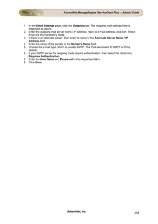 AdventNet ManageEngine ServiceDesk Plus :: Admin Guide



1. In the Email Settings page, click the Outgoing tab. The outgoing mail settings form is
   displayed as above.
2. Enter the outgoing mail server name / IP address, reply-to e-mail address, and port. These
   three are the mandatory fields.
3. If there is an alternate server, then enter its name in the Alternate Server Name / IP
   Address field.
4. Enter the name of the sender in the Sender's Name field.
5. Choose the e-mail type, which is usually SMTP. The Port associated to SMTP is 25 by
   default.
6. If your SMTP server for outgoing mails require authentication, then select the check box
   Requires Authentication.
7. Enter the User Name and Password in the respective fields.
8. Click Save.




                                    AdventNet, Inc.                                         293
 