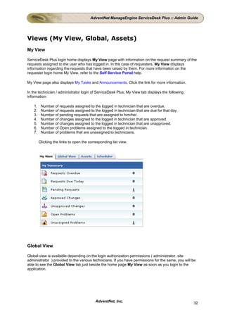 AdventNet ManageEngine ServiceDesk Plus :: Admin Guide




Views (My View, Global, Assets)
My View

ServiceDesk Plus login home displays My View page with information on the request summary of the
requests assigned to the user who has logged in. In the case of requesters, My View displays
information regarding the requests that have been raised by them. For more information on the
requester login home My View, refer to the Self Service Portal help.

My View page also displays My Tasks and Announcements. Click the link for more information.

In the technician / administrator login of ServiceDesk Plus, My View tab displays the following
information:

    1.    Number of requests assigned to the logged in technician that are overdue.
    2.    Number of requests assigned to the logged in technician that are due for that day.
    3.    Number of pending requests that are assigned to him/her.
    4.    Number of changes assigned to the logged in technician that are approved.
    5.    Number of changes assigned to the logged in technician that are unapproved.
    6.    Number of Open problems assigned to the logged in technician.
    7.    Number of problems that are unassigned to technicians.

         Clicking the links to open the corresponding list view.




Global View

Global view is available depending on the login authorization permissions ( administrator, site
administrator ) provided to the various technicians. If you have permissions for the same, you will be
able to see the Global View tab just beside the home page My View as soon as you login to the
application.




                                            AdventNet, Inc.                                         32
 