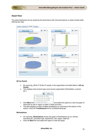 AdventNet ManageEngine ServiceDesk Plus :: Admin Guide




Asset View

The asset dashboard can be viewed by the technicians with view permissions on asset module while
defining the roles.




      All my Assets

           •   On scanning, all the IT & Non-IT assets in the organization are listed below in All my
               Assets .
           •   This displays each product type count across organization (Workstation, scanner
               etc.).




           •   Click More link                              and select the options to view the graph of
               resources by site or region or state or asset summary.
           •   This also displays number of failed workstations on scanning at the bottom of the
               section. Click the Troubleshoot link for troubleshooting tips.

      Workstations

           •   On scanning, Workstations shows the graph of Workstations by os, domain,
               manufacturer, processor type, department, site, region, state etc.
           •   Click the More link and select the option to view the graph.



                                        AdventNet, Inc.                                             35
 
