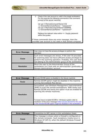 AdventNet ManageEngine ServiceDesk Plus :: Admin Guide




                   3. Check if the user account is valid in the target workstation.
                      For this execute the following commands in the command
                      prompt (of the server machine).

                       net use <RemoteComputerName>C$
                       /u:<DomainNameUserName> "<password>"
                       net use <RemoteComputerName>ADMIN$
                       /u:<DomainNameUserName> "<password>"

                       Replace the relevant value within <>. Supply password
                       within the quotes.

                If these commands show any error message, then the
                provided user account is not valid in that remote computer.




                  User does not have the access privileges to perform this
Error Message
                  operation
                  Such error messages are shown, if the User ID provided
                  for scanning does not have sufficient access privileges to
    Cause
                  perform the scanning operation. Probably, this user does
                  not belong to the Administrator group of the workstation.
                  Move the user to the Administrator Group of the
  Resolution      workstation (or) Scan with an administrator (preferably a
                  Domain Administrator) account.




Error Message     Remote DCOM option is disabled in the Server machine
                  Remote DCOM option might be disabled in the machine
    Cause
                  running ServiceDesk Plus Server.
                  ServiceDesk uses Windows Management Instrumentation
                  (WMI) to scan the remote workstations. WMI works over
                  Remote DCOM and hence this option must be enabled for
                  scanning the remote machines.
  Resolution


                  To know how to enable DCOM in Windows system refer to
                  resolution of the error message Either access denied for the user
                  or the remote DCOM option might be disabled in the workstation.




Error Message     Connection to RPC server in the workstation failed
                  This message is shown when a firewall is configured on
                  the remote computer. Such exceptions mostly occur in
    Cause
                  Windows XP (SP-2), when the default Windows Firewall
                  is enabled.




                            AdventNet, Inc.                                           395
 