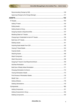 AdventNet ManageEngine ServiceDesk Plus :: Admin Guide



     Recommending Change by CAB................................................................................................. 149

     Approving Change by the Change Manager ............................................................................... 151

ASSETS................................................................................................................. 152
  IT Assets.......................................................................................................................... 153
     Adding IT Asset............................................................................................................................ 154

     Editing Assets .............................................................................................................................. 155

     Adding Assets to Group ............................................................................................................... 156

     Assigning Assets to Department/Site .......................................................................................... 157

     Modifying State for IT Assets....................................................................................................... 158

     Change log-in Credentials for bulk of IT Assets .......................................................................... 159

     Bulk Scan of IT Assets................................................................................................................. 160

     Deleting Assets ............................................................................................................................ 161

     Importing Asset details From CSV...............................................................................................162

     Viewing IT Asset Details .............................................................................................................. 163

     Copying Assets ............................................................................................................................ 165

     Attaching Assets .......................................................................................................................... 166

     Attach Component ....................................................................................................................... 167

     Attach Documents........................................................................................................................ 168

     Assigning IT Asset to User/Department/Asset............................................................................. 169

     Add New Workstation .................................................................................................................. 170

     Bulk Scan of Newly Added Workstation ...................................................................................... 171

     Changing Workstation As Server.................................................................................................172

     Viewing Workstation Details ........................................................................................................ 173

     Print Preview of Workstation Details............................................................................................ 176

     Modify Type ................................................................................................................................. 177

     Adding Software........................................................................................................................... 178

     Deleting Workstations .................................................................................................................. 179

  Components .................................................................................................................... 180
     Adding Components .................................................................................................................... 181

     Adding Components to Group .....................................................................................................182

     Deleting Components .................................................................................................................. 183



                                                          AdventNet, Inc.                                                                           4
 