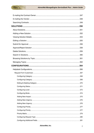 AdventNet ManageEngine ServiceDesk Plus :: Admin Guide




  E-mailing the Contract Owner.......................................................................................... 247

  E-mailing the Vendor ....................................................................................................... 248

  Searching Contracts ........................................................................................................ 249

SOLUTIONS .......................................................................................................... 250
  About Solutions................................................................................................................ 251

  Adding a New Solution .................................................................................................... 252

  Viewing Solution Details .................................................................................................. 253

  Editing a Solution............................................................................................................. 255

  Submit for Approval ......................................................................................................... 256

  Approve/Reject Solution .................................................................................................. 258

  Delete Solutions............................................................................................................... 259

  Search in Solutions.......................................................................................................... 260

  Browsing Solutions by Topic............................................................................................ 261

  Managing Topics ............................................................................................................. 262

CONFIGURATIONS............................................................................................... 264
  Helpdesk Configurations.................................................................................................. 266
     Request Form Customizer ........................................................................................................... 267

          Configuring Category ............................................................................................................. 268

          Configuring Category ............................................................................................................. 268

          Editing & Deleting Category................................................................................................... 270

          Configuring Status.................................................................................................................. 271

          Configuring Level ................................................................................................................... 273

          Configuring Mode................................................................................................................... 274

          Adding New Impact ................................................................................................................ 275

          Adding New Urgency ............................................................................................................. 276

          Adding New Urgency ............................................................................................................. 276

          Configuring Priority................................................................................................................. 277

          Configuring Priority................................................................................................................. 277

          Priority Matrix ......................................................................................................................... 279

          Configuring Request Type ..................................................................................................... 280

          Configuring Additional Fields ................................................................................................. 281


                                                           AdventNet, Inc.                                                                           7
 