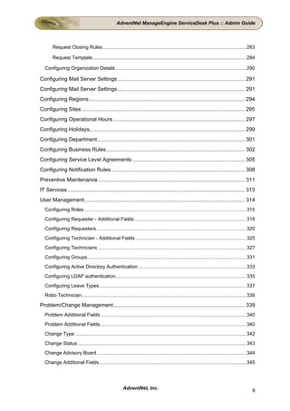 AdventNet ManageEngine ServiceDesk Plus :: Admin Guide



        Request Closing Rules........................................................................................................... 283

        Request Template.................................................................................................................. 284

   Configuring Organization Details ................................................................................................. 290

Configuring Mail Server Settings ..................................................................................... 291
Configuring Mail Server Settings ..................................................................................... 291
Configuring Regions ........................................................................................................ 294
Configuring Sites ............................................................................................................. 295
Configuring Operational Hours ........................................................................................ 297
Configuring Holidays........................................................................................................ 299
Configuring Department................................................................................................... 301
Configuring Business Rules............................................................................................. 302
Configuring Service Level Agreements ........................................................................... 305
Configuring Notification Rules ......................................................................................... 308
Preventive Maintenance .................................................................................................. 311
IT Services....................................................................................................................... 313
User Management ........................................................................................................... 314
   Configuring Roles ........................................................................................................................ 315
   Configuring Requester - Additional Fields ................................................................................... 318
   Configuring Requesters ............................................................................................................... 320
   Configuring Technician - Additional Fields .................................................................................. 325
   Configuring Technicians .............................................................................................................. 327
   Configuring Groups...................................................................................................................... 331
   Configuring Active Directory Authentication ................................................................................ 333
   Configuring LDAP authentication................................................................................................. 335
   Configuring Leave Types ............................................................................................................. 337
   Robo Technician .......................................................................................................................... 338

Problem/Change Management........................................................................................ 339
   Problem Additional Fields ............................................................................................................ 340
   Problem Additional Fields ............................................................................................................ 340
   Change Type ............................................................................................................................... 342
   Change Status ............................................................................................................................. 343
   Change Advisory Board ............................................................................................................... 344
   Change Additional Fields ............................................................................................................. 345




                                                        AdventNet, Inc.                                                                         8
 