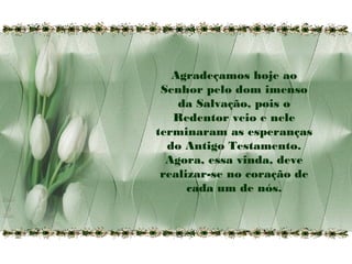 Agradeçamos hoje ao
Senhor pelo dom imenso
da Salvação, pois o
Redentor veio e nele
terminaram as esperanças
do Antigo Testamento.
Agora, essa vinda, deve
realizar-se no coração de
cada um de nós.

 