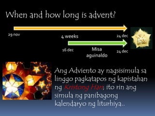 When and how long is advent?29 nov24 dec4 weeksMisaaguinaldo16 dec24 decAngAdviento ay nagsisimulasalinggopagkataposngkapistahanngKristongHari; itorinangsimulangpanibagongkalendaryongliturhiya..