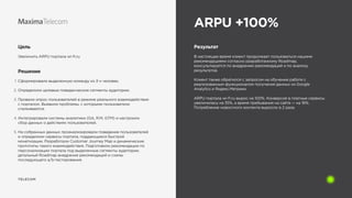 TELECOM
ARPU +100%
Цель
Увеличить ARPU портала wi-ﬁ.ru
Решение
1. Сформировали выделенную команду из 3-х человек.
2. Опред...