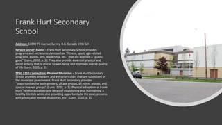 Frank Hurt Secondary
School
Address: 13940 77 Avenue Surrey, B.C. Canada V3W 5Z4
Service sector: Public – Frank Hurt Secondary School provides
programs and extracurriculars such as “fitness, sport, age-related
programs, events, arts, leadership, etc.” that are deemed a “public
good” (Lunn, 2020, p. 3). They also provide essential physical and
social activity that is crucial to well-being and improves overall quality
of life (Lunn, 2020, p. 5).
SPSC 2210 Connection: Physical Education – Frank Hurt Secondary
School provides programs and extracurriculars that are subsidized by
the municipal government. Frank Hurt Secondary provides
“opportunities for both genders, all age groups, all ethnic groups, and
special interest groups” (Lunn, 2020, p. 5). Physical education at Frank
Hurt ”reinforces values and ideals of establishing and maintaining a
healthy lifestyle while also providing opportunity to the poor, persons
with physical or mental disabilities, etc” (Lunn, 2020, p. 3).
 