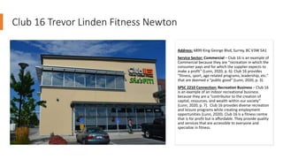 Club 16 Trevor Linden Fitness Newton
Address: 6899 King George Blvd, Surrey, BC V3W 5A1
Service Sector: Commercial – Club 16 is an example of
Commercial because they are “recreation in which the
consumer pays and for which the supplier expects to
make a profit” (Lunn, 2020, p. 6). Club 16 provides
“fitness, sport, age-related programs, leadership, etc.”
that are deemed a “public good” (Lunn, 2020, p. 3).
SPSC 2210 Connection: Recreation Business – Club 16
is an example of an indoor recreational business
because they are a “contributor to the creation of
capital, resources, and wealth within our society”
(Lunn, 2020, p. 7). Club 16 provides diverse recreation
and leisure programs while creating employment
opportunities (Lunn, 2020). Club 16 is a fitness centre
that is for profit but is affordable. They provide quality
and services that are accessible to everyone and
specialize in fitness.
 